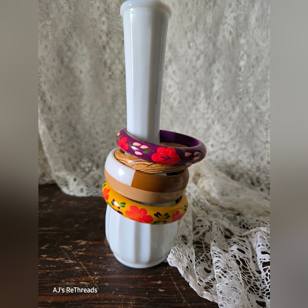 Colorful Vintage Bangle Bracelet Set Boho Floral Wood Stack